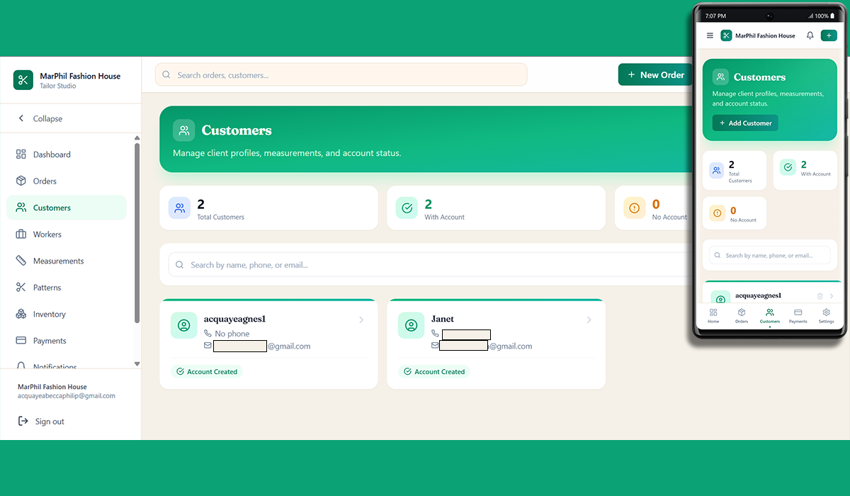 TailorXY boutique management dashboard with customer profiles and orders