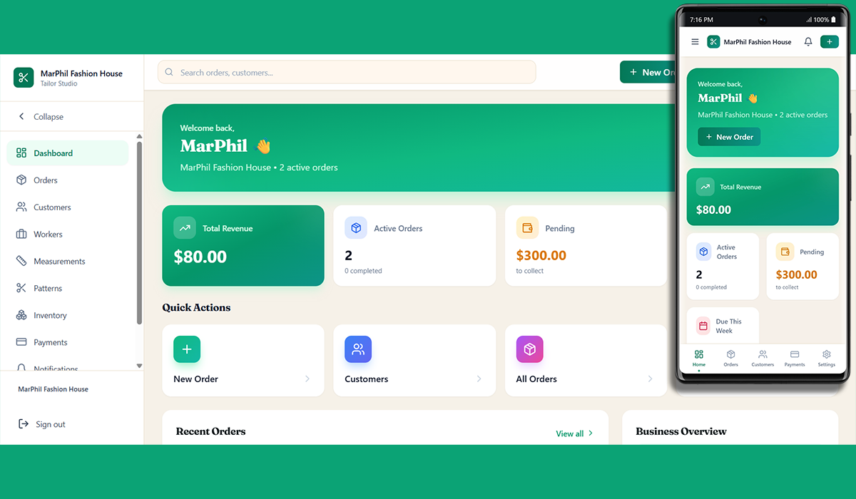 TailorXY business dashboard showing orders, revenue, and deadlines