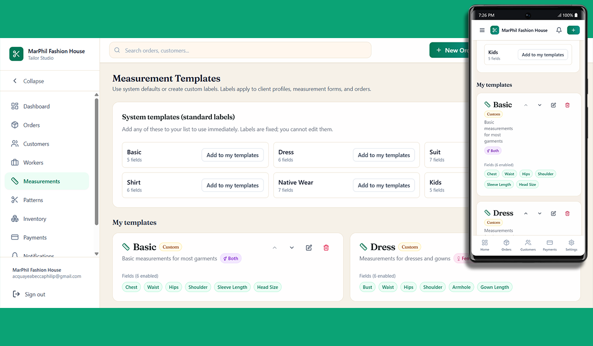 TailorXY measurement dashboard showing customer profiles, measurement history, and templates