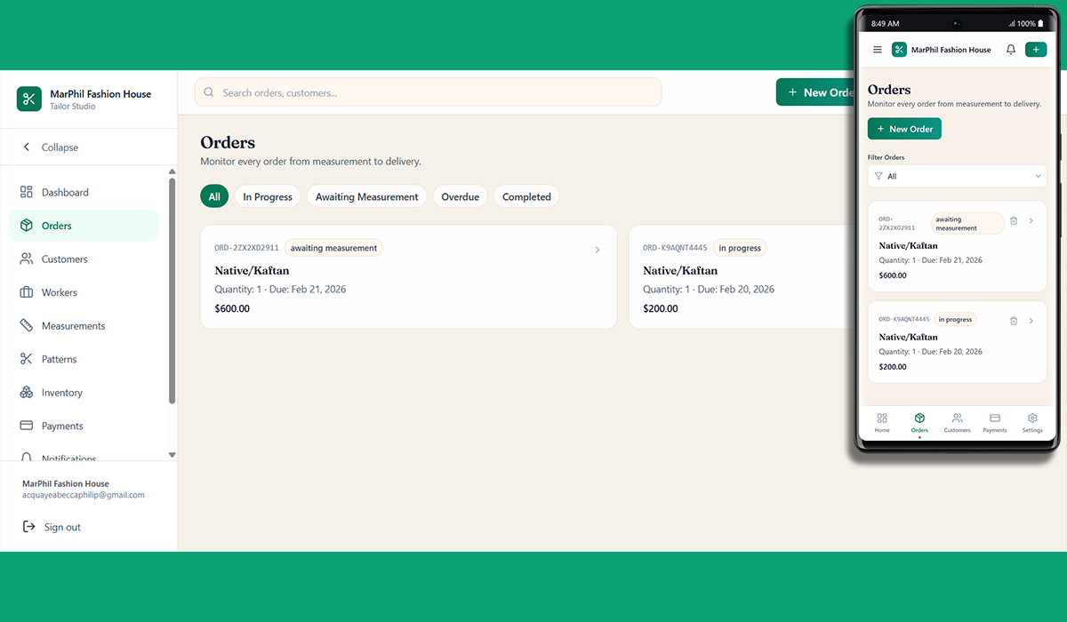 TailorXY alteration order dashboard showing order status, pickup dates, and payments
