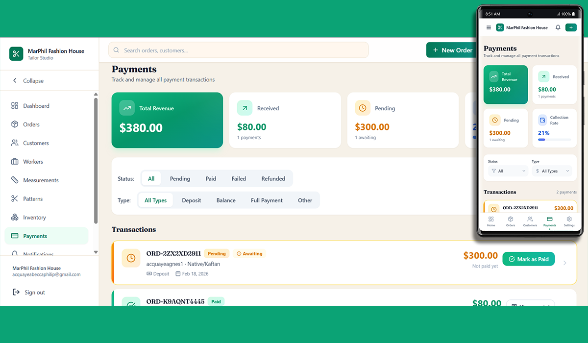 TailorXY payment tracking dashboard with revenue, receivables, and payment history