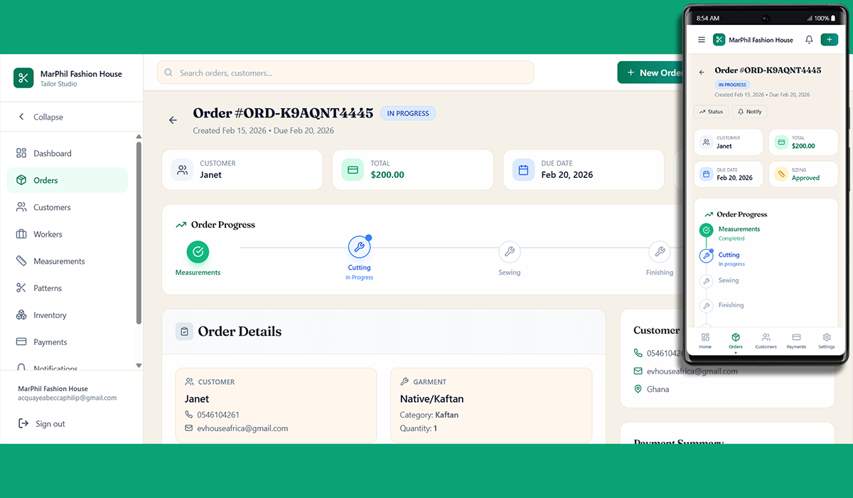 TailorXY production tracking board with order stages, worker assignments, and deadline indicators